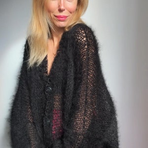 Black Cardigan Women Mohair, Wool black cardigan, Mohair knitted cardigan, Chunky cardigan, Open front cardigan image 5