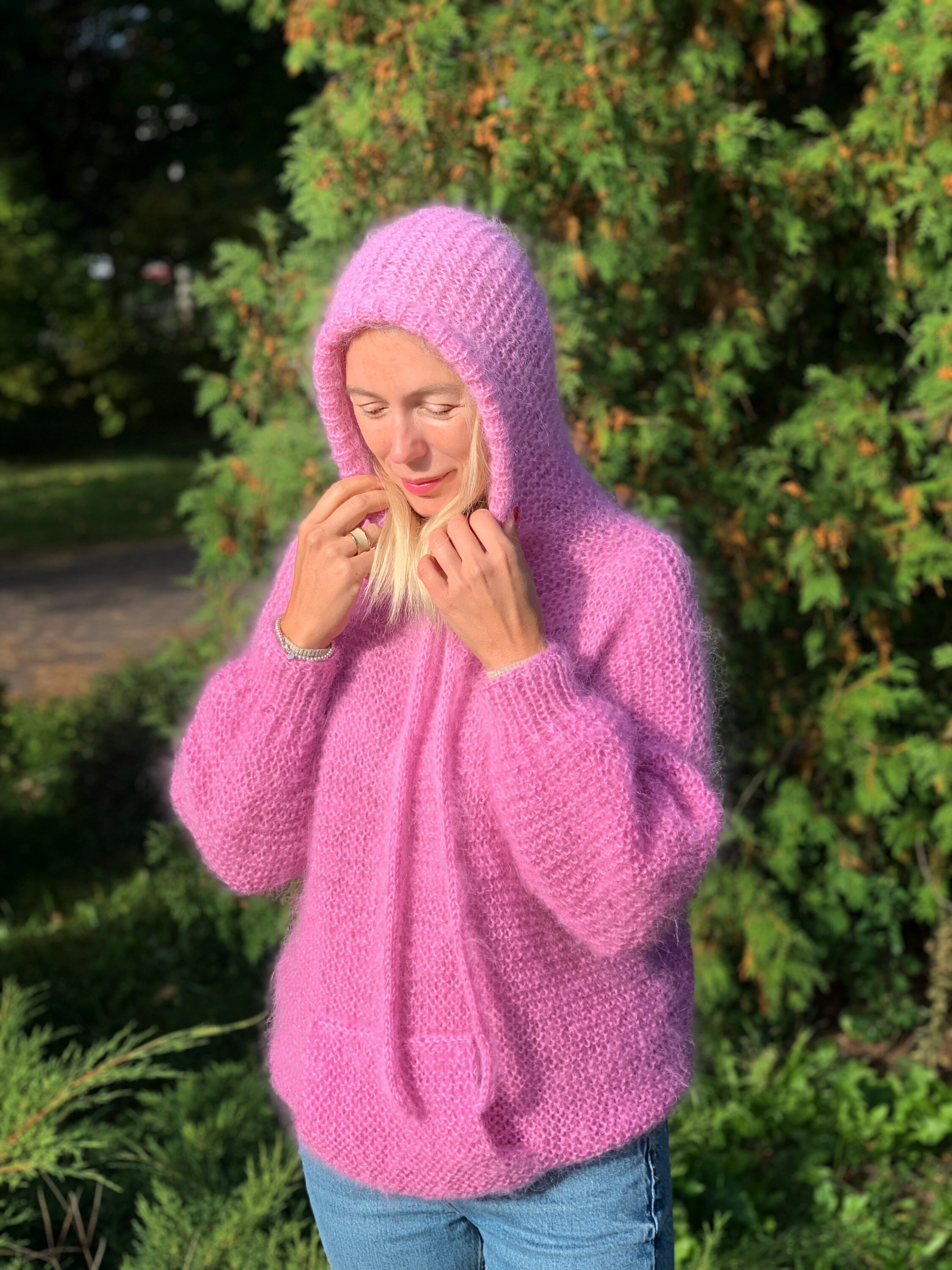 Pink Mohair Hoodie Pink Hood Sweater Wool Sweater Pink Pullover