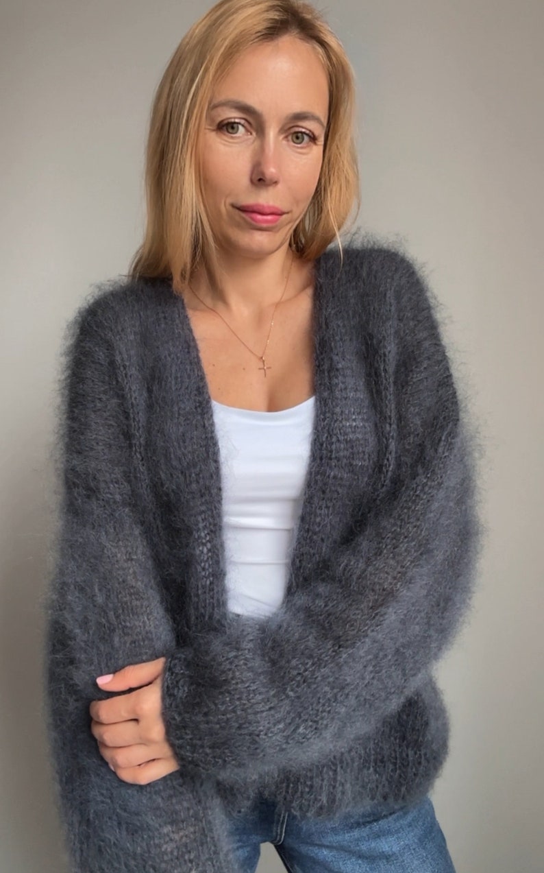 Cardigan Dark GreyWomen Mohair, Wool cardigan, Mohair knitted cardigan, Chunky cardigan, Open front cardigan, Hand Made image 5