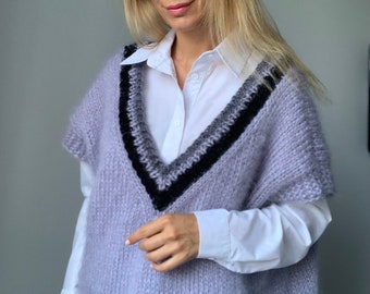 Gemütliche Mohair Weste, Größe XL Handgestrickter Streifen Pullover, Strick Top, Mohair Wolle Weste, 100% Handarbeit