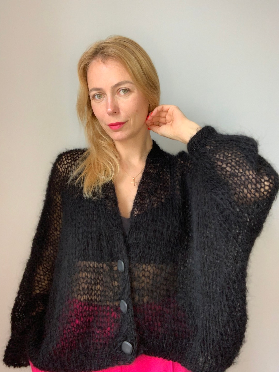 Black Cardigan Women Mohair, Wool Black Cardigan, Mohair Knitted