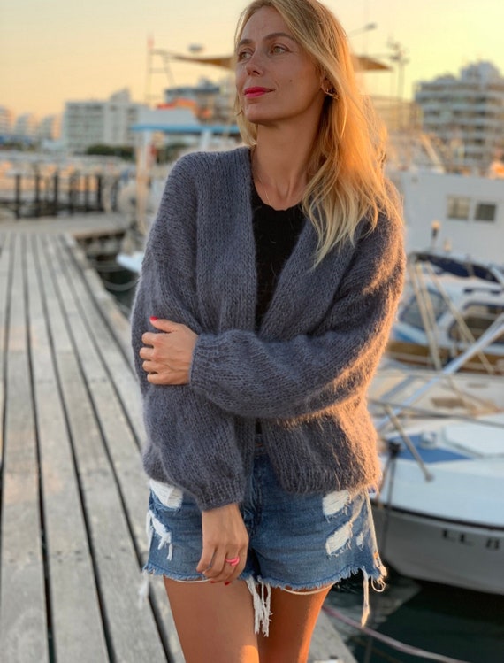 Fluffy Cardigans Jeans Wooly Black Cardigan Oversized Pocketed