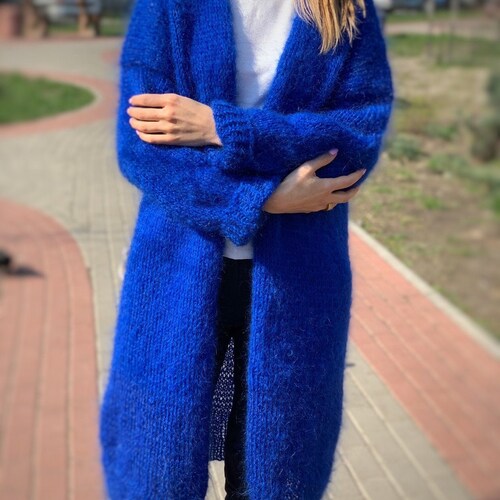CARDIGAN Women Mohair Blue, Wool Long Cardigan, Mohair Cardigan