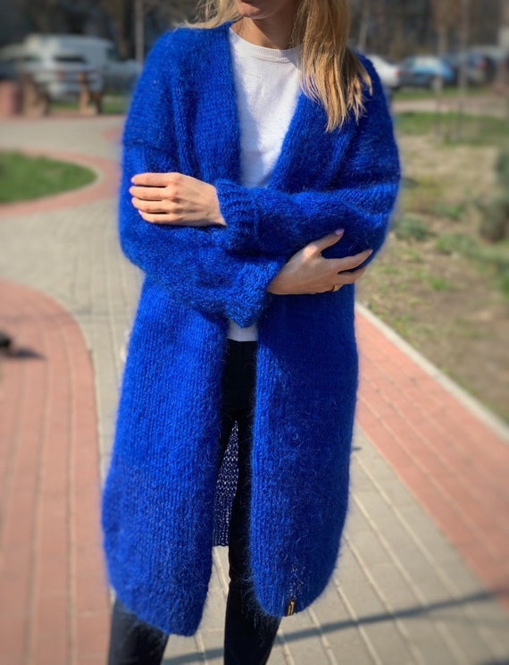 CARDIGAN Women Mohair Blue Wool Long Cardigan Mohair - Etsy