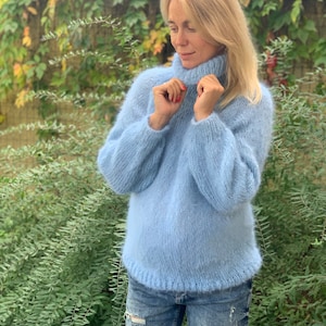 Mohair Sweater, Blue Mohair sweater, Turtleneck sweater, Wool sweater, Blue pullover, Handknit sweater, Knitted sweater, 100% hand made