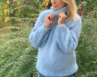 Mohair Sweater, Blue Mohair sweater, Turtleneck sweater, Wool sweater, Blue pullover, Handknit sweater, Knitted sweater, 100% hand made