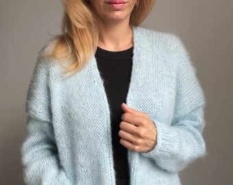 Cardigan épais en mohair, grand, prêt à expédier, tricot surdimensionné confortable, pull ouvert sur le devant, manteau en laine chaud, mode d'hiver fait main
