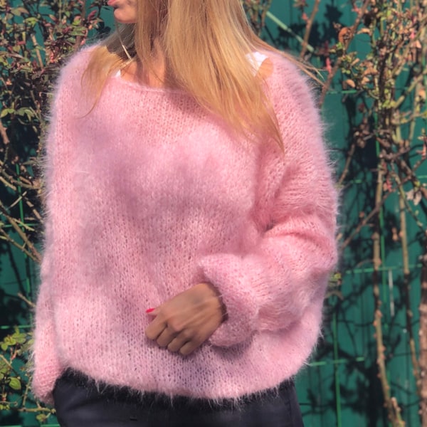 Pink Mohair Sweater, Pink sweater, Wool sweater, Pink pullover, Handknit sweater, Knitted sweater, 100% hand made