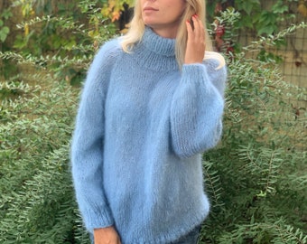 Mohair Sweater, Blue Mohair Sweater, Turtleneck Sweater, Wool