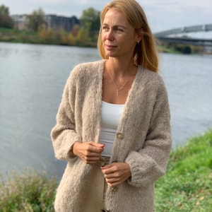 Alpaka-Strickjacke, Beige Alpaka-Strickjacke Superweiche Frauen Alpaka, Wolle lange Strickjacke, Chunky-Strickjacke, Offene Front-Strickjacke, 100% handgefertigt Bild 5