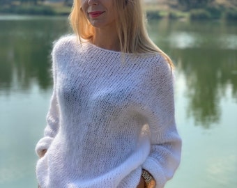 White Mohair Sweater, White sweater, Wool sweater, White pullover, Handknit sweater, Knitted sweater, 100% hand made