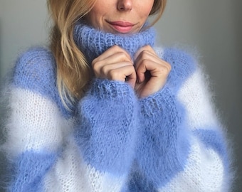 Mohair Turtleneck Sweater Striped,  Blue White Mohair sweater, Wool sweater, Handknit sweater, Knitted sweater, 100% hand made