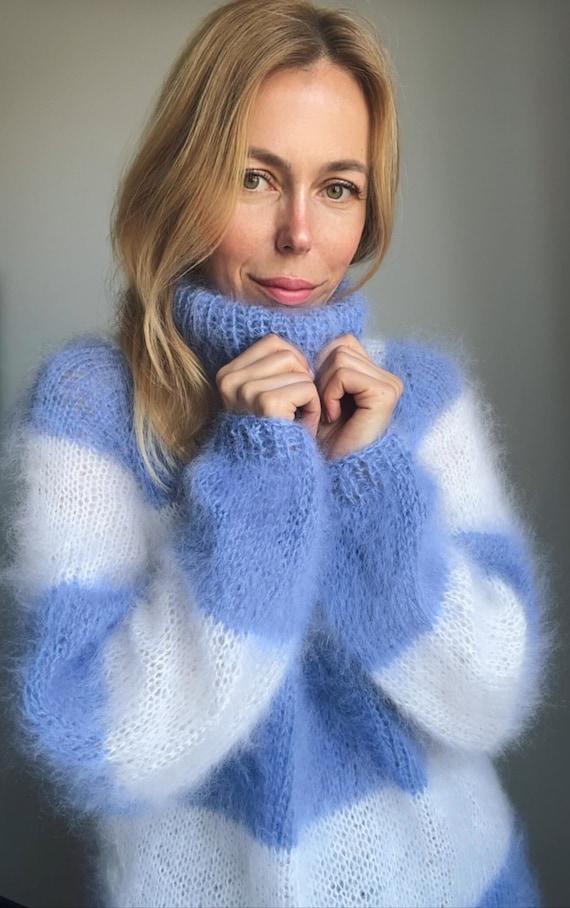 【COSYHARU】23FW★ [MADE] Scratch-free mohair turtleneck Mohair Turtleneck Sweater Striped, Blue White Mohair Sweater