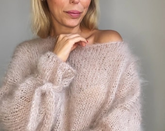 Sweter z moheru z wiązaniami, gruby sweter z moheru, sweter z wełny szydełkowej, sweter z moheru, sweter robiony na drutach, sweter robiony na drutach, 100% ręcznie robiony
