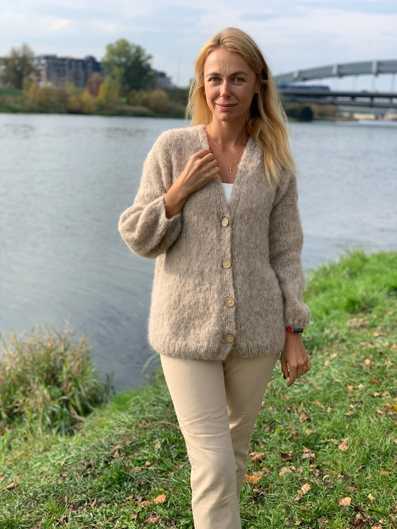 Alpaka-Strickjacke, Beige Alpaka-Strickjacke Superweiche Frauen Alpaka, Wolle lange Strickjacke, Chunky-Strickjacke, Offene Front-Strickjacke, 100% handgefertigt Bild 1