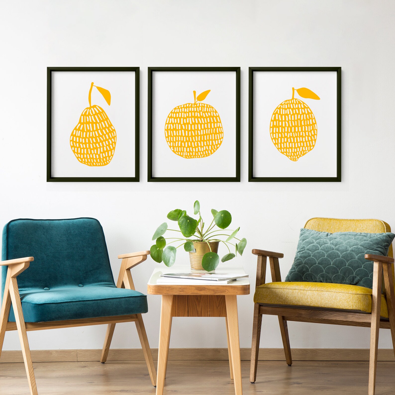 Yellow Kitchen Art Prints Set of 3 Fruit Illustrations Etsy