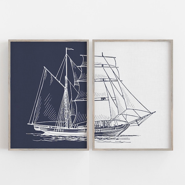 Sailboat Prints, Navy and White Coastal Decor, Sailing Poster Nautical Wall Art, Ship Printable Wall Art, Set of 2 Navy Artwork, Boat Prints
