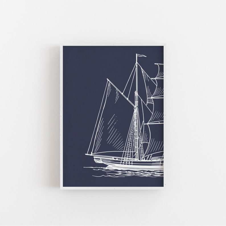 Sailboat Prints Navy and White Coastal Decor Sailing Poster Etsy