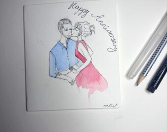 Tarjeta de aniversario en acuarela hecha a mano: arte romántico de pareja. Tarjeta de amor minimalista para boda, compromiso o regalo de San Valentín.