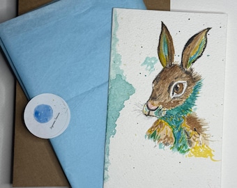 Tarjeta de liebre en acuarela: saludo de animales del bosque, tarjeta artística de conejo hecha a mano, regalo rústico natural