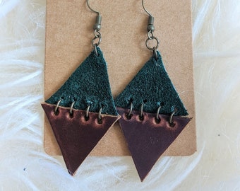 Two-Tone Leather Earrings | Green Suede Leather Geometric Triangle Jewelry | Handmade | Women's Fishhook | BoHo Hippie Style Minimalist Gift