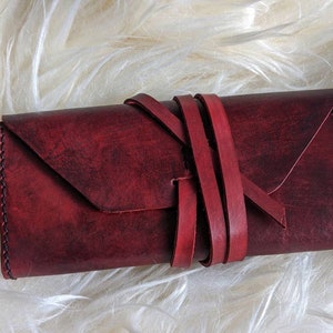 Leather Wrap Clutch in Rustic Red | Women&#39;s Extendable Wallet | Gusseted Envelope Clutch | Clutch Purse | Natural Leather Evening Bag
