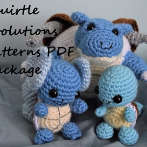 May include: Crocheted Squirtle, Wartortle, and Blastoise amigurumi plushies. The Squirtle evolution line is made in shades of blue, white, and brown.