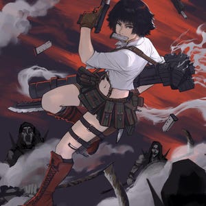 May include: A woman with black hair and a white shirt is holding a gun and standing on a cloud. She is wearing a black and green plaid skirt and red boots. There are several other figures in the background, including a figure with a scythe.