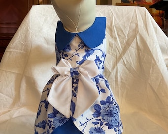 School girl style china white and blue  pattern printed dog dress.
