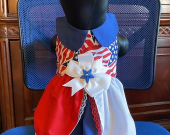 School girl style Fourth of July Stars and Stripes dog dress.