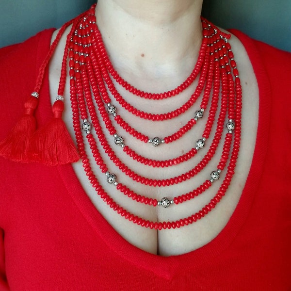 Traditional Multistrand Red Coral and Hematite Necklace with sterling silver,Ukrainian Beaded Necklace,Ethnic Coral Necklace,Gift for Mom
