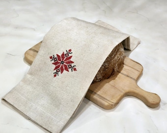 Set of 6 Handmade Ukrainian Linen Napkins, Fern Flower Embroidery