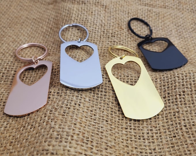 Laser Engraving Keychain Heart Military Tag Blanks - Stainless Steel. Metal Laser Engravable Keychain Blanks.