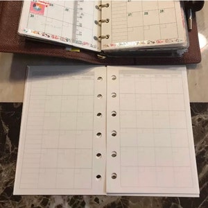 May include: A white, blank, two-page planner with a hole punch on the left side and a ring binding on the right side. The planner has a grid layout with lines and boxes for writing.