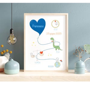 Può includere: Illustrazione incorniciata con un cuore blu contenente il nome "Francesco". L'opera presenta un dinosauro verde che tiene un cuore, una bilancia e un globo con un dinosauro. Il testo include la data "23 giugno 2025", l'ora "17:37", il peso "3.240 kg" e l'altezza "51 cm".