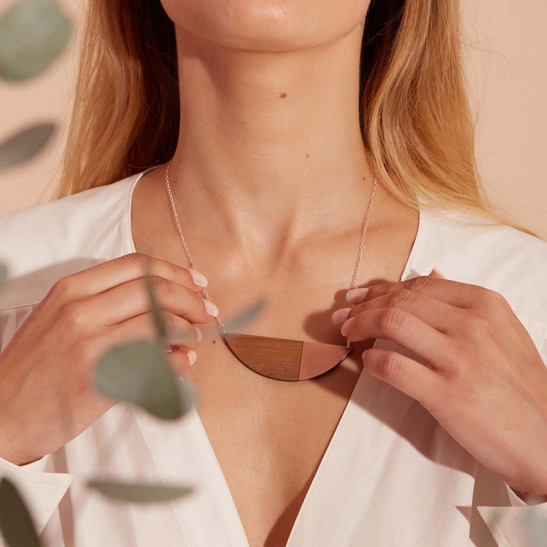 Eco friendly Alexandra Geometric Statement Necklace Simple necklace Wood Copper Anniversary Minimal jewellery Sterling Silver