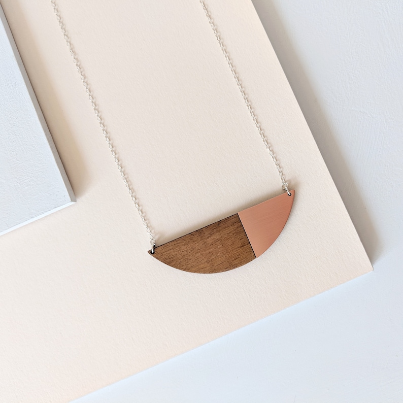 Eco friendly Alexandra Geometric Statement Necklace Simple necklace Wood Copper Anniversary Minimal jewellery Sterling Silver