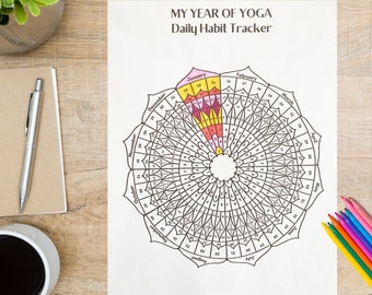 Yoga tracker, 365 days of yoga, habit tracker printable, yoga gift, wellness planner, mandala coloring page, digital habit, year of yoga