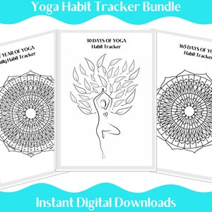 Yoga trackers, digital planner bundle, printable habit tracker, 30 day yoga challenge, wellness planner, mandala coloring, tree of life
