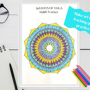 365 days of yoga printable, yoga habit tracker, yoga gift, mandala coloring page, yoga digital planner, wellness planner, self care gift