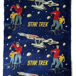 Star Trek Cotton Fabric Panel – 51&quot; x 44&quot; – Kirk Spock McCoy Scotty & USS Enterprise – Vintage Reclaimed Out of Print