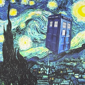 Doctor Who Fabric Panel | Tardis Starry Night Van Gogh Mashup, 18x17 Cotton