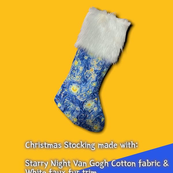 Fur Trim Christmas Stocking Starry Night, Van Gogh, Blue Yellow Swirls