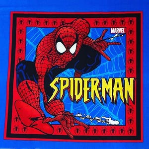 Panel de tela de algodón del cómic de Spiderman de 2004 / 53 x 43 cm (21" x 17"), azul, con pose de acción / Artículo raro, descatalogado