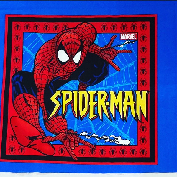 Spiderman Cotton Fabric Panel  21” W X 17” H Fabric  Out Of Print  Rare & Hard to Find Panel - Spiderman Squatting in a Black Wonky Border