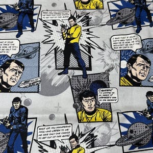 Star Trek Cotton Fabric – 2017 Style 63100302 – Comic Book Panel Print – Camelot Licensed Sci-Fi Fabric Blue, Gray & Yellow
