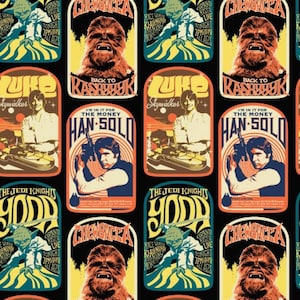May include: A black and white repeating pattern featuring Star Wars characters, including Yoda, Chewbacca, Luke Skywalker, and Han Solo. The characters are depicted in a retro 1970s style with colourful backgrounds and text.