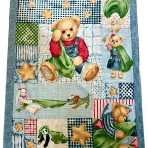 Vintage Blue Jean Teddy Quilt Panel | 1990s Daisy Kingdom OOP | Nursery Decor