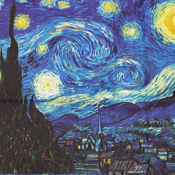 The Starry Night Van Gogh  12" x 10" Cotton Block Fabric Panel -  In Stock and Ships Today from the USA!