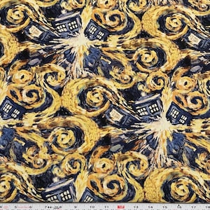 Tessuto di cotone "Doctor Who Exploding Tardis" ispirato a "Notte stellata" di Vincent Van Gogh, primavera 2012, Creative CP51564, raro e difficile da trovare.